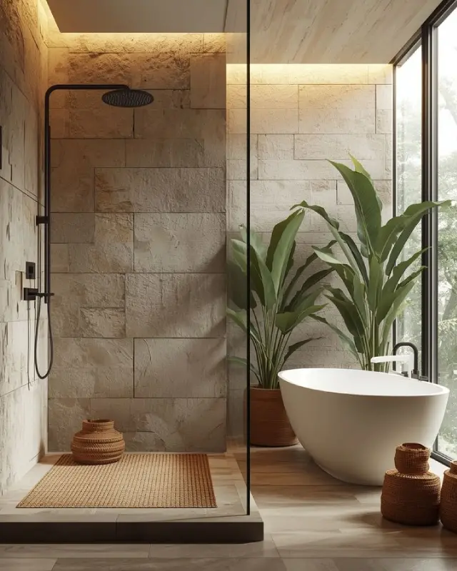 Luxuriöses Wellness-Bad mit freistehender Badewanne, Walk-In Dusche und Naturstein