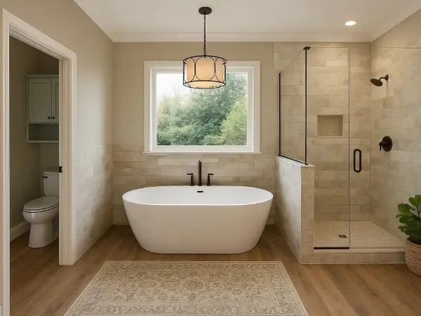 Modernes Badezimmer mit freistehender Badewanne und Walk-In Dusche